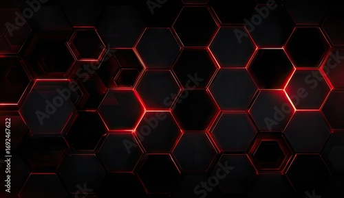 Abstract hexagonal pattern with glowing red accents