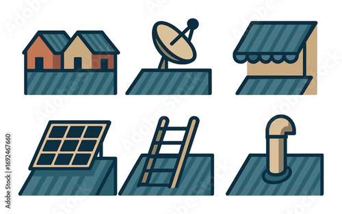 Construction and infrastructure flat icons set. featuring house, satellite, shop, solar panel, ladder, and ventilation symbols.