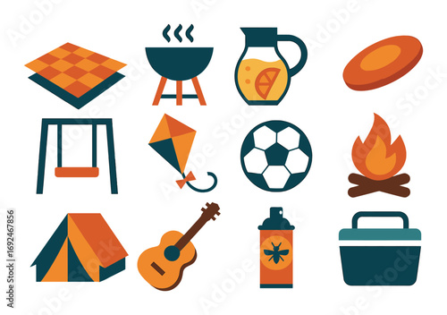 Camping and recreation flat icons set. featuring picnic, barbecue, lemonade, frisbee, swing, kite, ball, fire, tent, guitar, bug spray, cooler.