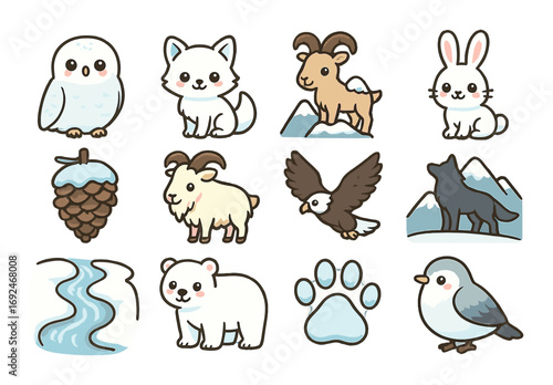 Arctic animals flat icons set. featuring owl, fox, goat, rabbit, pinecone, eagle, wolf, bear, paw, and pigeon..
