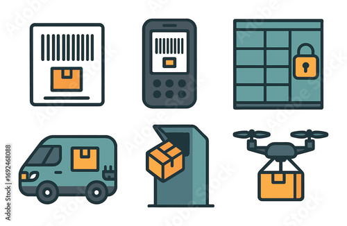 Delivery and security flat icon set. featuring barcode scanner, locker, van, kiosk, drone symbols.
