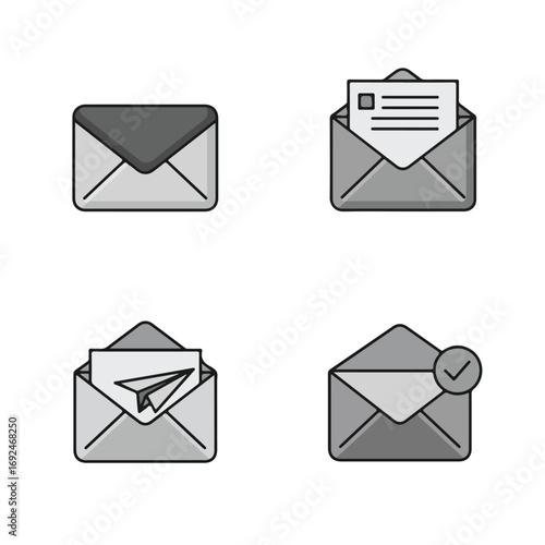 Envelopes Icons of communication, mail, and messaging in monochromatic style