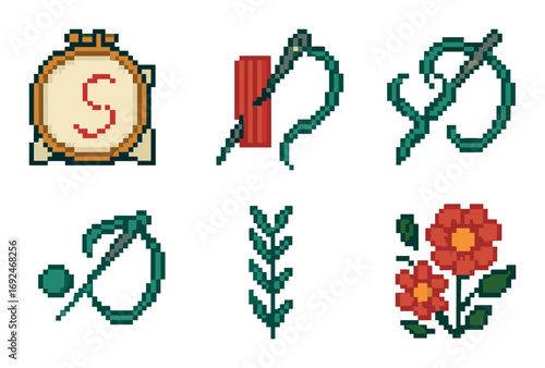 Embroidery and sewing linear icon set. featuring embroidery hoop, needle, thread, yarn, leaf, floral design.