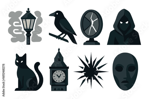 Horror theme, silhouette icon set. featuring streetlight, crow, mirror, hooded figure, cat, clock tower, shattered glass, mask.