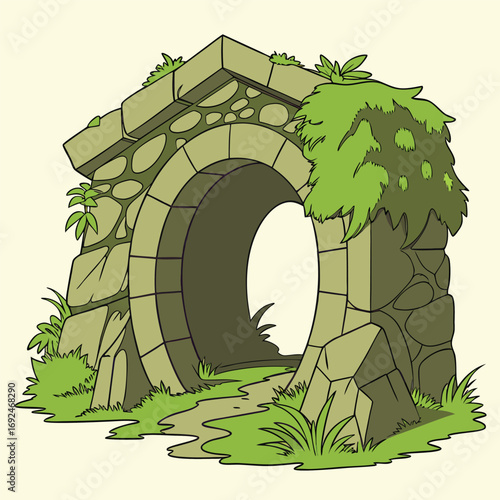 Cartoon stone archway covered in vegetation offers a whimsical entrance into the unknown world