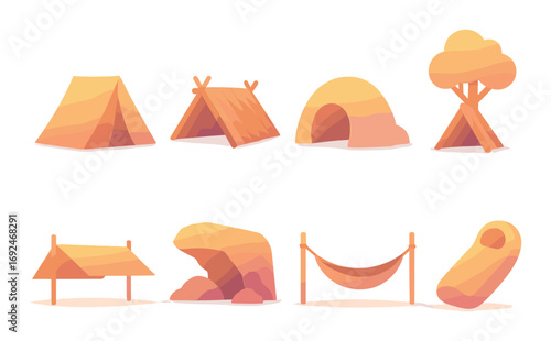 Camping equipment flat icon set. featuring tent, forest, hammock, tree, cave, campfire, and phone..