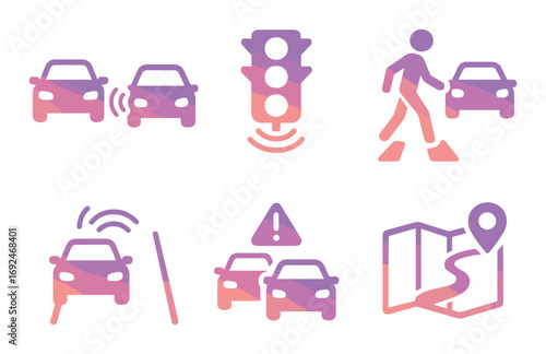 Driving safety silhouette icon set. featuring car, traffic light, pedestrian, accident, map, and collision symbols.