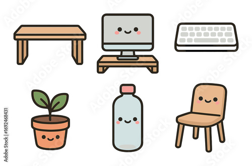 Home and office objects flat icon set. featuring desk, computer, keyboard, plant, bottle, and chair.