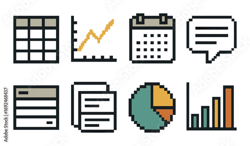 Business data pixel icon set. featuring spreadsheet, graph, calendar, chat, pie chart, and bar chart symbols.