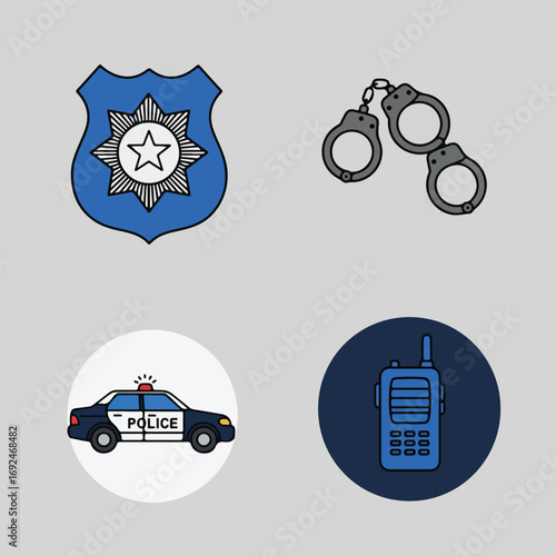 Law items badge,car,cuffs,radio