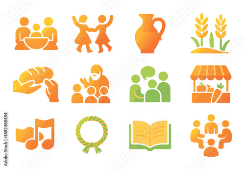 Food and family silhouette icon set. featuring meal, family, harvest, bread, gathering, market, music, wreath, book.
