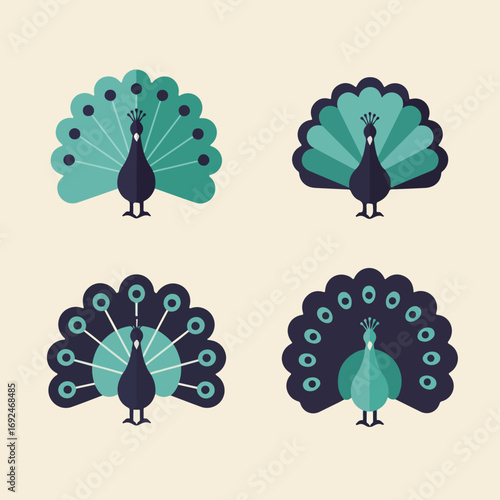 Four peacock icons, flat style