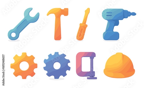 Construction equipment flat icon set. featuring wrench, hammer, screwdriver, drill, gear, clamp, helmet..