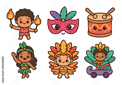 Carnival flat icon set. featuring dancer, mask, drum, festival, and parade characters.