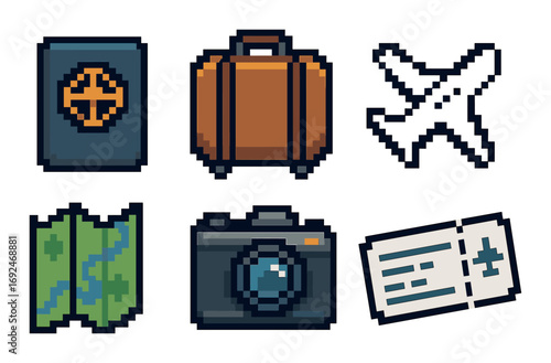 Travel essentials pixel icon set. featuring passport, luggage, airplane, map, camera, and ticket symbols.