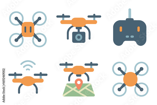 Drone technology flat icon set. featuring quadcopter, camera, controller, navigation, delivery, and signal symbols.