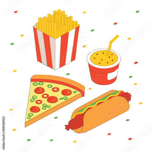 A colorful vector illustration of a fast food icons set including a hot dog, cheeseburger, fries, and a drink