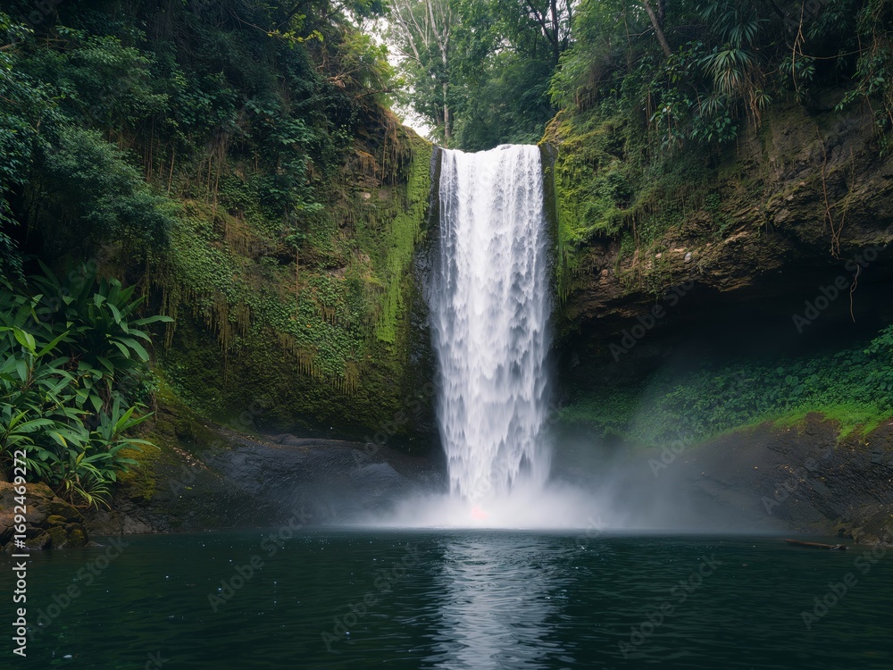 Fototapeta premium Serene Cascade Emerald Cliffs, and Plunging Veil of Water, A Natures Tranquil Drama.