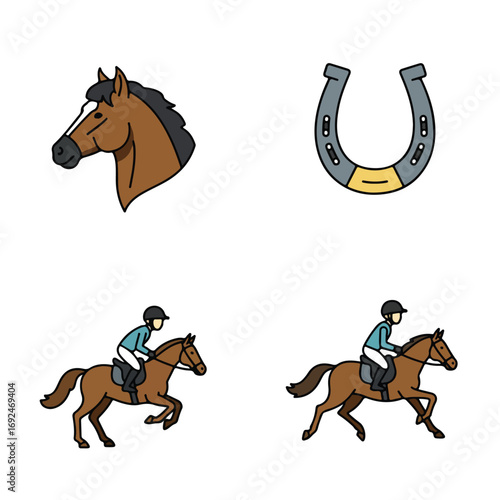 Equestrian Set Horse head, shoes, and person riding a brown horse