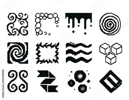 Abstract silhouette icons set. featuring swirl, frame, drip, wave, cube, and splatter symbols.