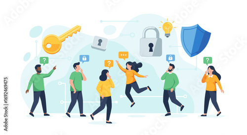 A diverse team collaboratively brainstorms innovative solutions for cybersecurity, data protection, and information privacy, emphasizing digital safety and secure access.