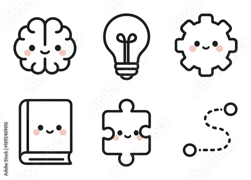 Learning and creativity silhouette icon set. featuring brain, lightbulb, gear, book, puzzle, and pathway symbols.