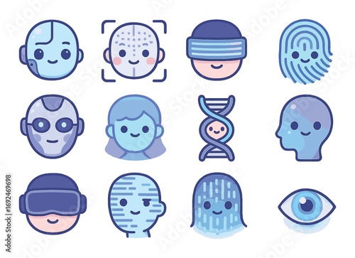 Ai and biometrics flat icons set. featuring robot, dna, face scan, fingerprint, vr headset, and eye symbols.