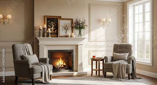 A cozy living room with a fireplace armchairs and decorative elements in a classic interior design style
