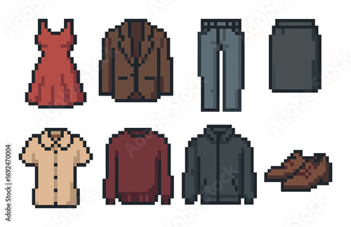 Fashion linear icon set. featuring dress, blazer, jeans, skirt, shirt, sweater, jacket, shoes symbols.