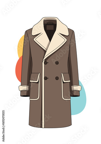 Stylish vintage long double breasted overcoat with faux fur collar and cuffs for winter