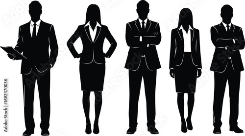 Vector business people silhouettes standing confidently in formal suits, holding documents and posing with crossed arms, professional corporate team illustration.