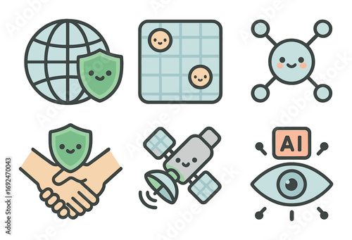 Technology security flat icons set. featuring globe, network, shield, handshake, satellite, and ai eye symbols.