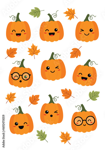 Cute kawaii pumpkins and autumn leaves celebrate fall season