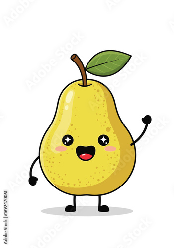 Happy cartoon pear character waving hello and smiling brightly
