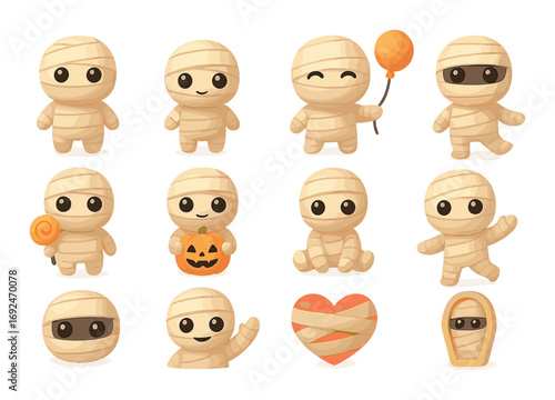 Halloween mummy flat icons set. including pumpkin, candy, heart, balloon, and coffin symbols.