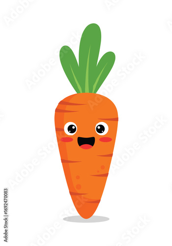 Cute smiling carrot vegetable character with big eyes and green leaves on top