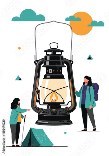 Adventure camping lantern with hikers exploring the wilderness under the sun