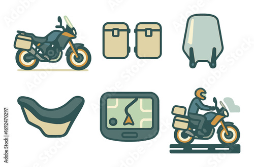 Motorcycle touring flat icon set. featuring bike, panniers, windscreen, seat, gps, rider symbols.