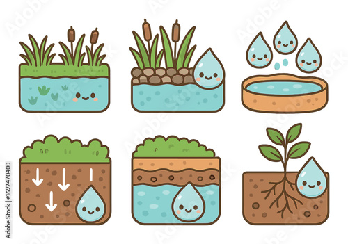 Nature and environment flat icons set. featuring river, pond, plant, soil, water droplet, and reeds.