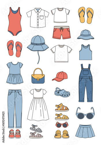 Collection of children summer vacation clothing and accessories for beach fun