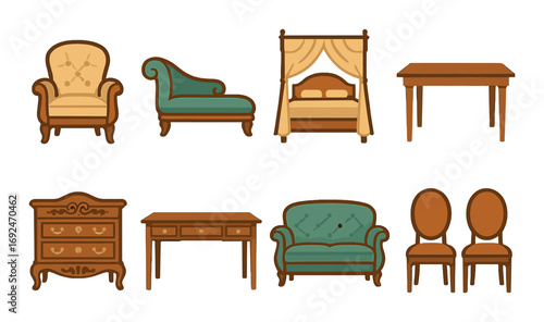 Furniture silhouette icon set. featuring armchair, chaise longue, canopy bed, dining table, dresser, desk, loveseat, chairs.