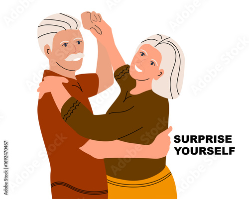 Dancing is beneficial for older adults, offering improved physical health (balance, strength, mobility) and mental well-being (cognitive function, memory, reduced stress). Vector illustration.