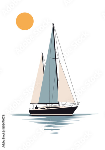 A majestic sailboat glides across calm waters under a bright sunny sky