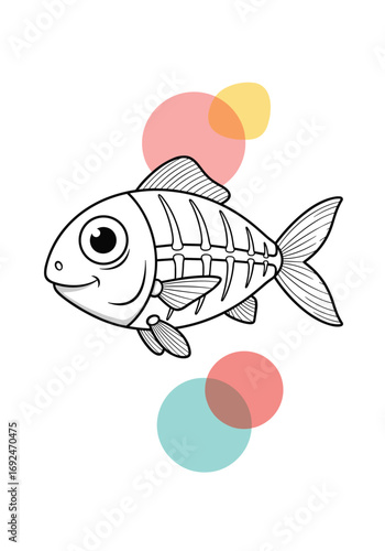 Cute cartoon fish skeleton illustration with colorful bubbles for kids