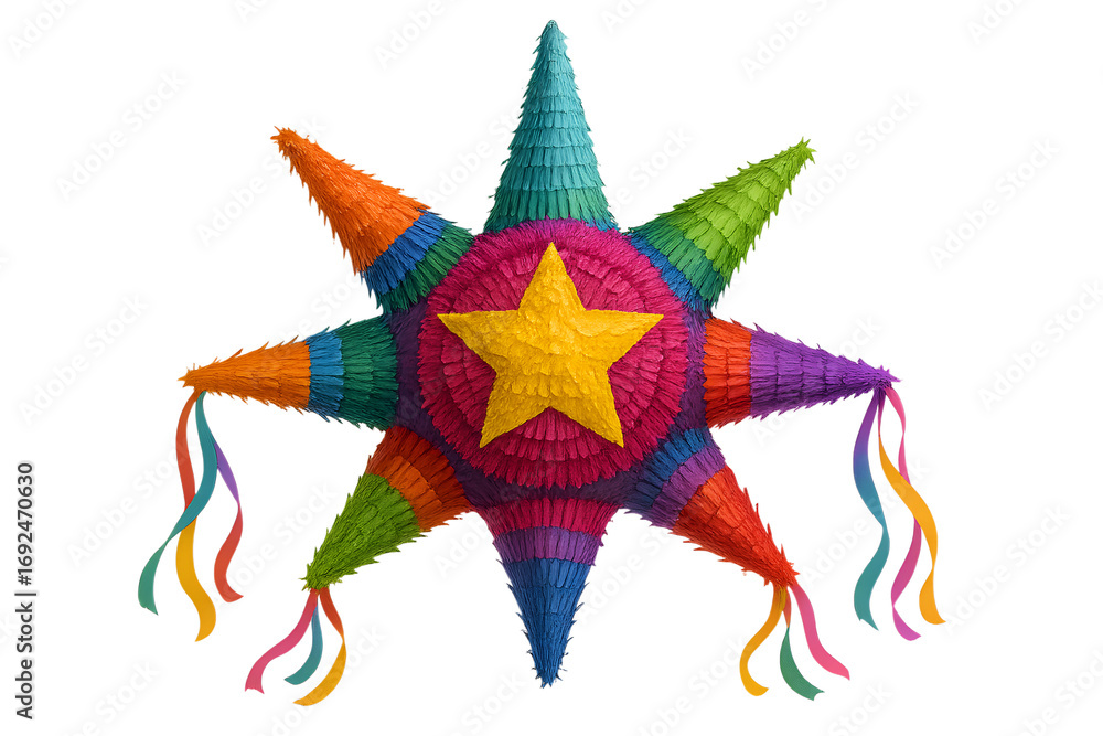 Obraz premium Colorful Star Piñata with Fringe and Ribbons Isolated on Background