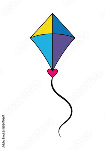 A brightly colored diamond shaped kite flying high in the blue sky
