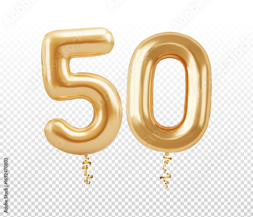 Vector realistic isolated golden balloon number 50 on the transparent background. Concept of Happy Birthday, anniversary and jubilee.