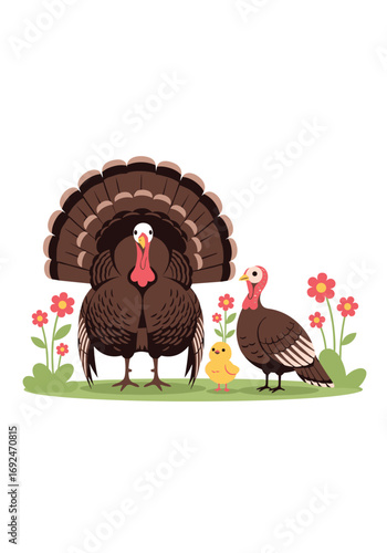 Thanksgiving family gathering with turkeys and flowers in a meadow celebrating autumn harvest