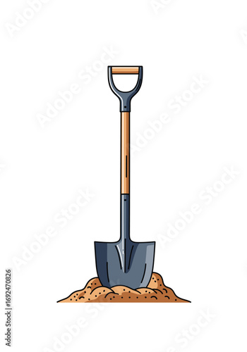 A sturdy garden spade with a wooden handle stands upright in a pile of loose earth