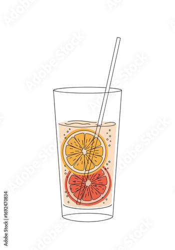 Refreshing citrus infused water with orange and grapefruit slices and straw